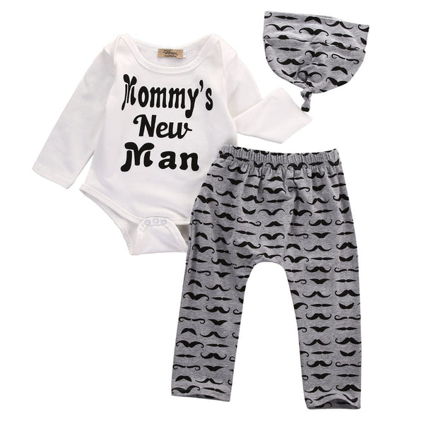 Cute 3PCS Set Newborn Baby Boy Clothes Mustache Print Bodysuit Tops Long Pants Hat Outfits 0-18M