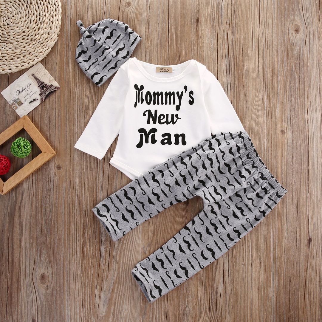 Cute 3PCS Set Newborn Baby Boy Clothes Mustache Print Bodysuit Tops Long Pants Hat Outfits 0-18M