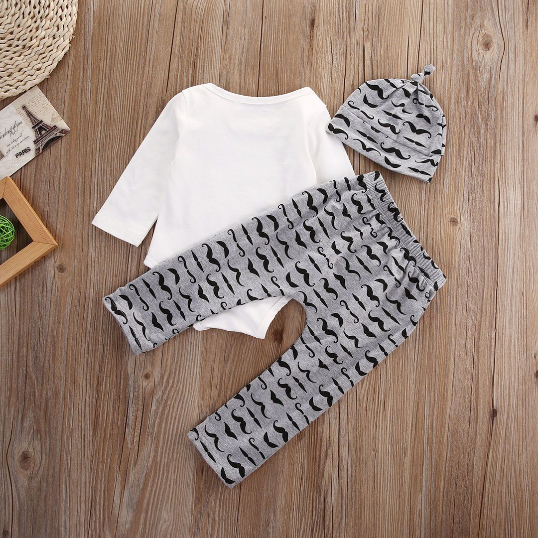 Cute 3PCS Set Newborn Baby Boy Clothes Mustache Print Bodysuit Tops Long Pants Hat Outfits 0-18M