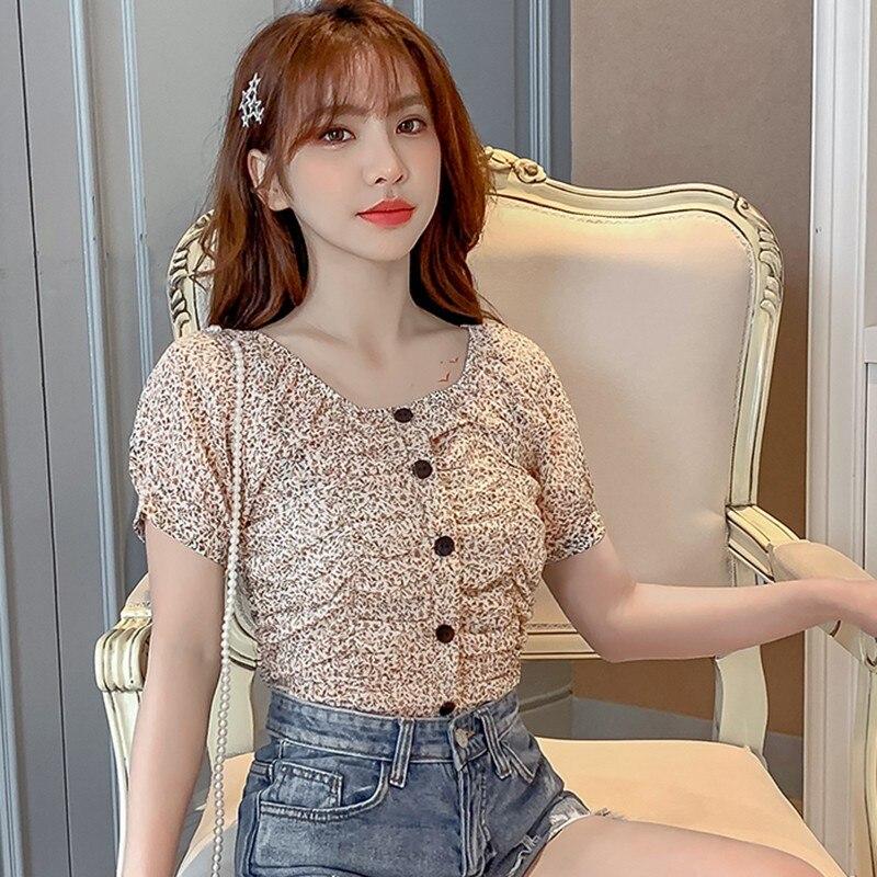 Summer Women's Small Floral Print Slash Neck Sexy Pleated Tops