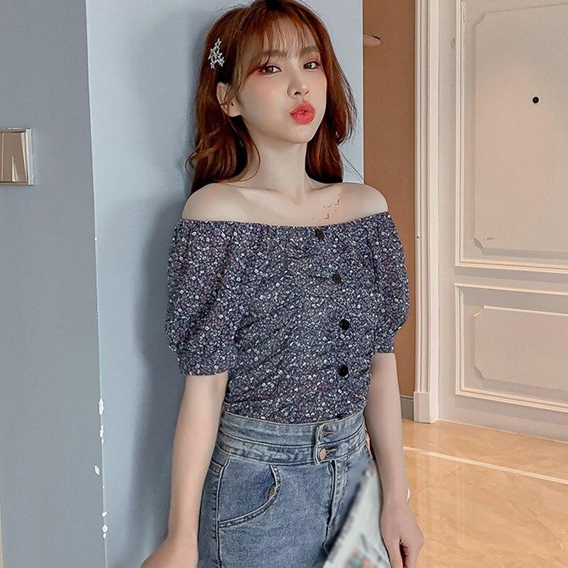 Summer Women's Small Floral Print Slash Neck Sexy Pleated Tops
