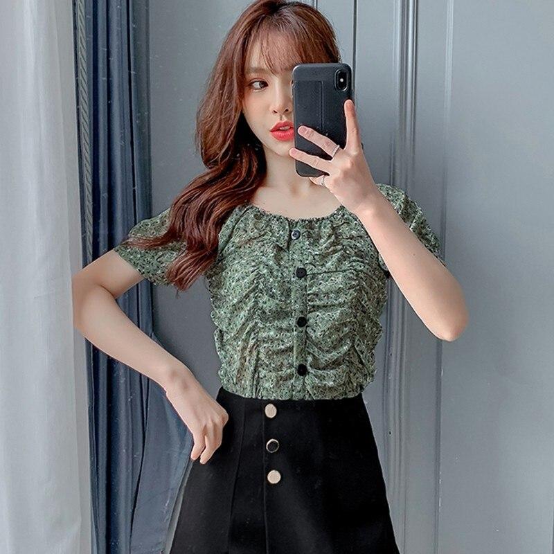 Summer Women's Small Floral Print Slash Neck Sexy Pleated Tops