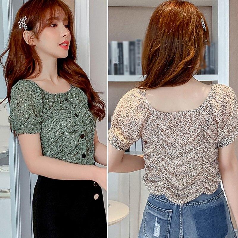 Summer Women's Small Floral Print Slash Neck Sexy Pleated Tops