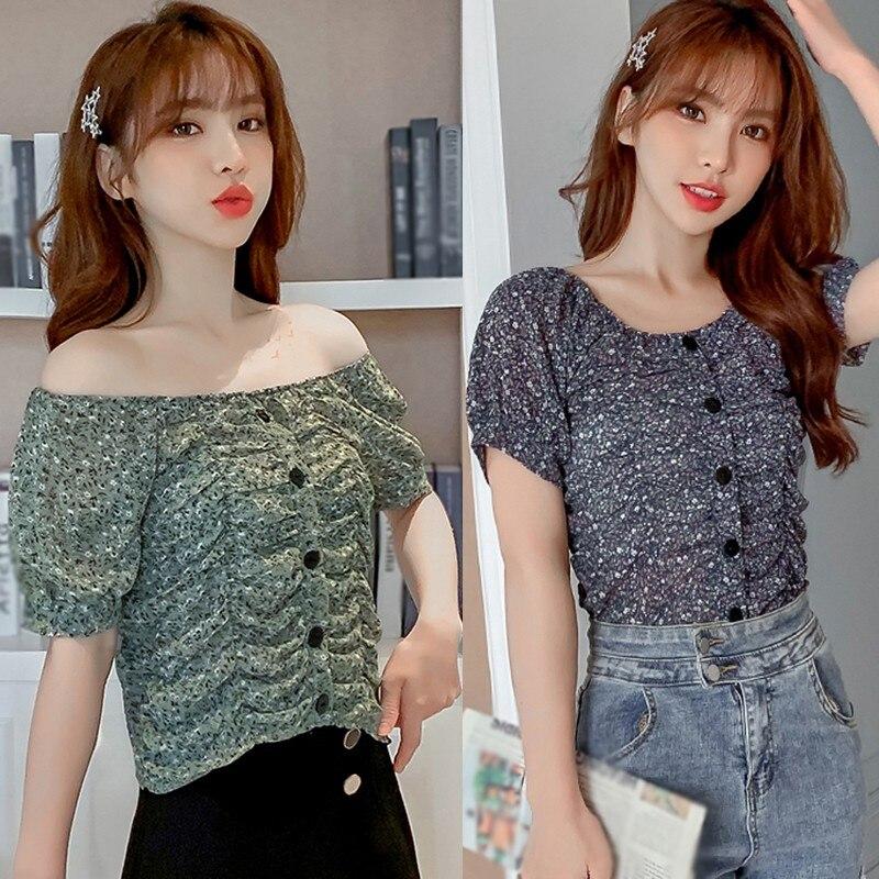 Summer Women's Small Floral Print Slash Neck Sexy Pleated Tops