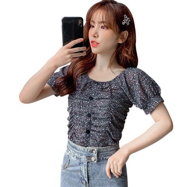 Summer Women's Small Floral Print Slash Neck Sexy Pleated Tops