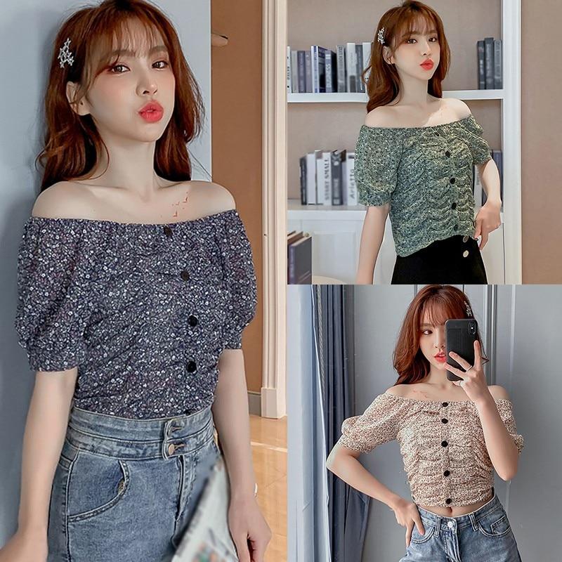 Summer Women's Small Floral Print Slash Neck Sexy Pleated Tops
