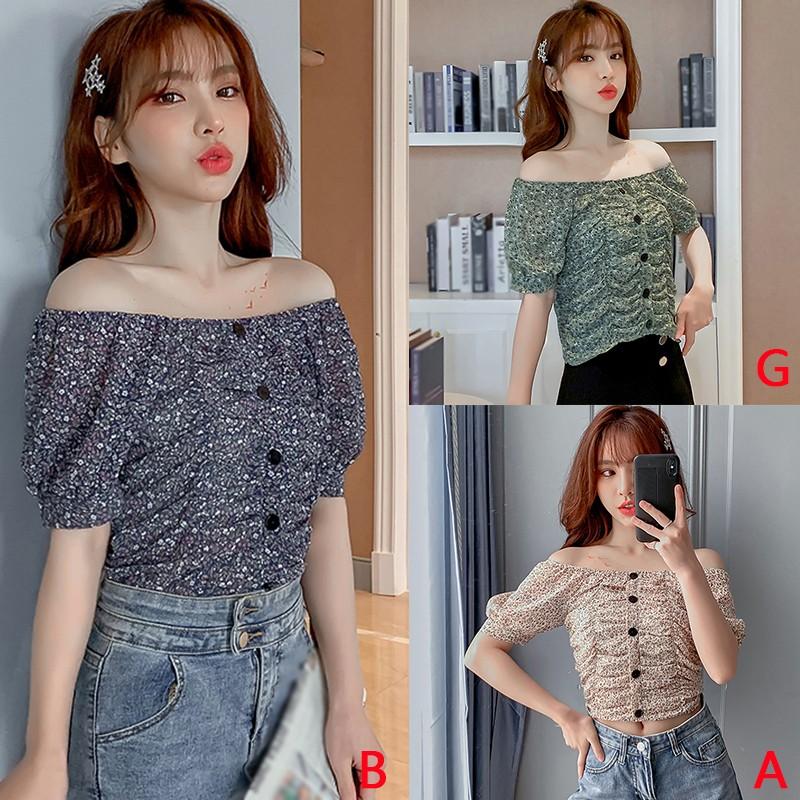 Summer Women's Small Floral Print Slash Neck Sexy Pleated Tops