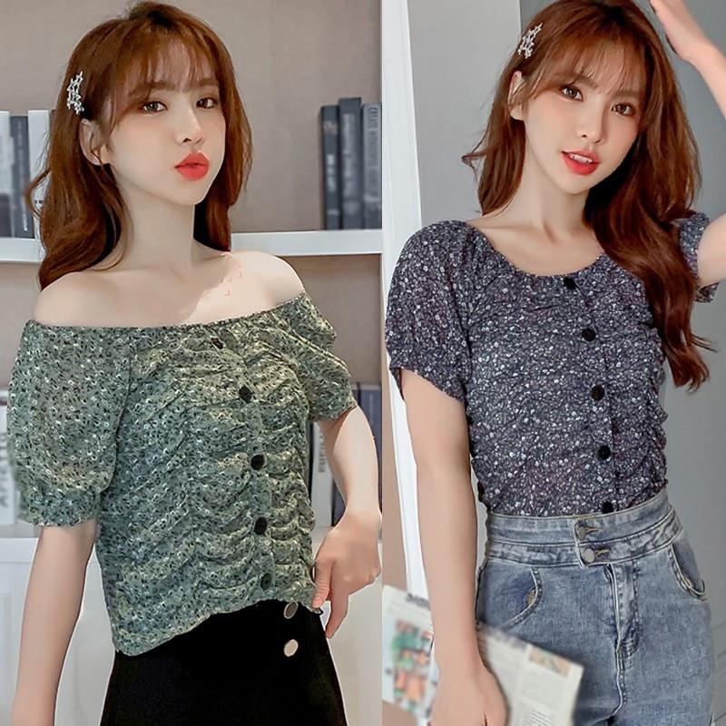 Summer Women's Small Floral Print Slash Neck Sexy Pleated Tops