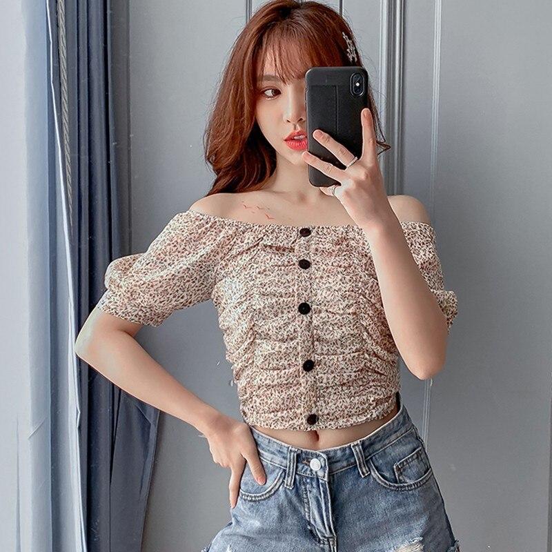 Summer Women's Small Floral Print Slash Neck Sexy Pleated Tops