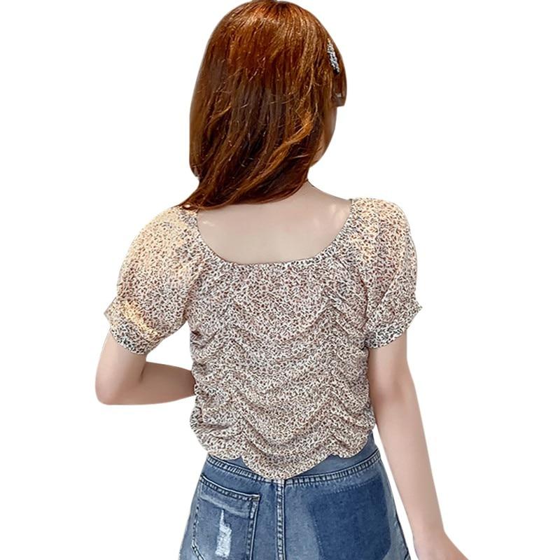 Summer Women's Small Floral Print Slash Neck Sexy Pleated Tops