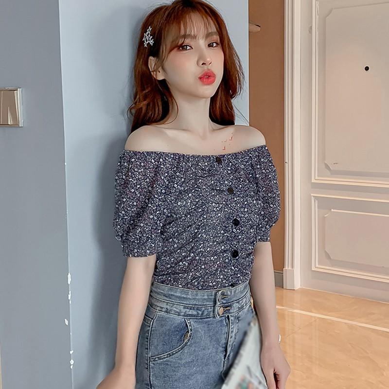 Summer Women's Small Floral Print Slash Neck Sexy Pleated Tops