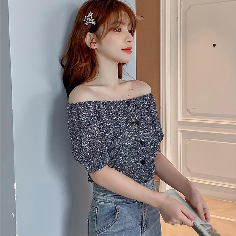 Summer Women's Small Floral Print Slash Neck Sexy Pleated Tops