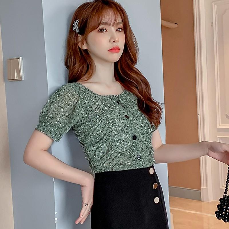 Summer Women's Small Floral Print Slash Neck Sexy Pleated Tops