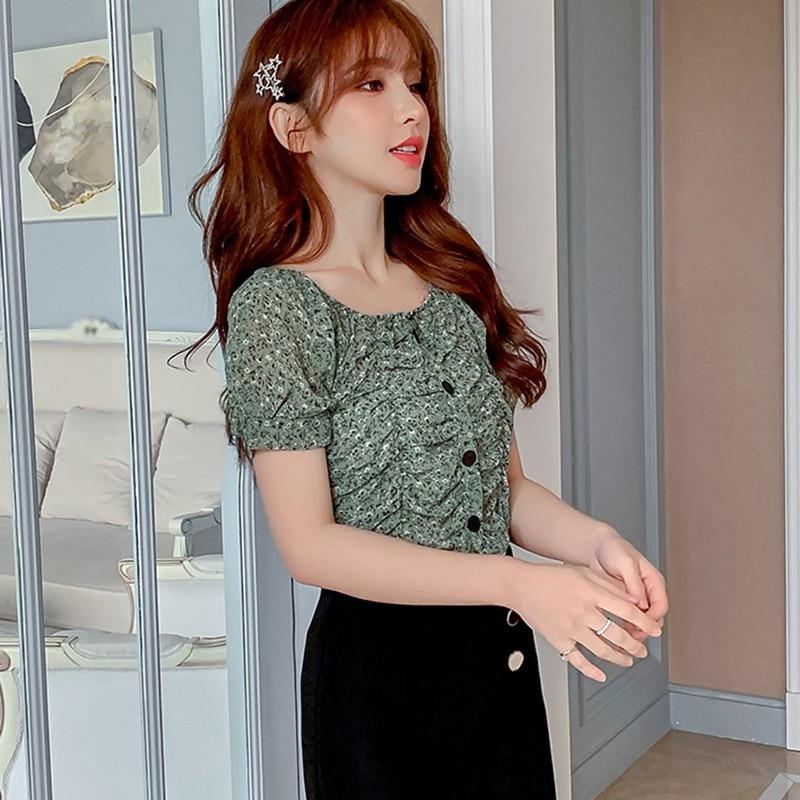 Summer Women's Small Floral Print Slash Neck Sexy Pleated Tops