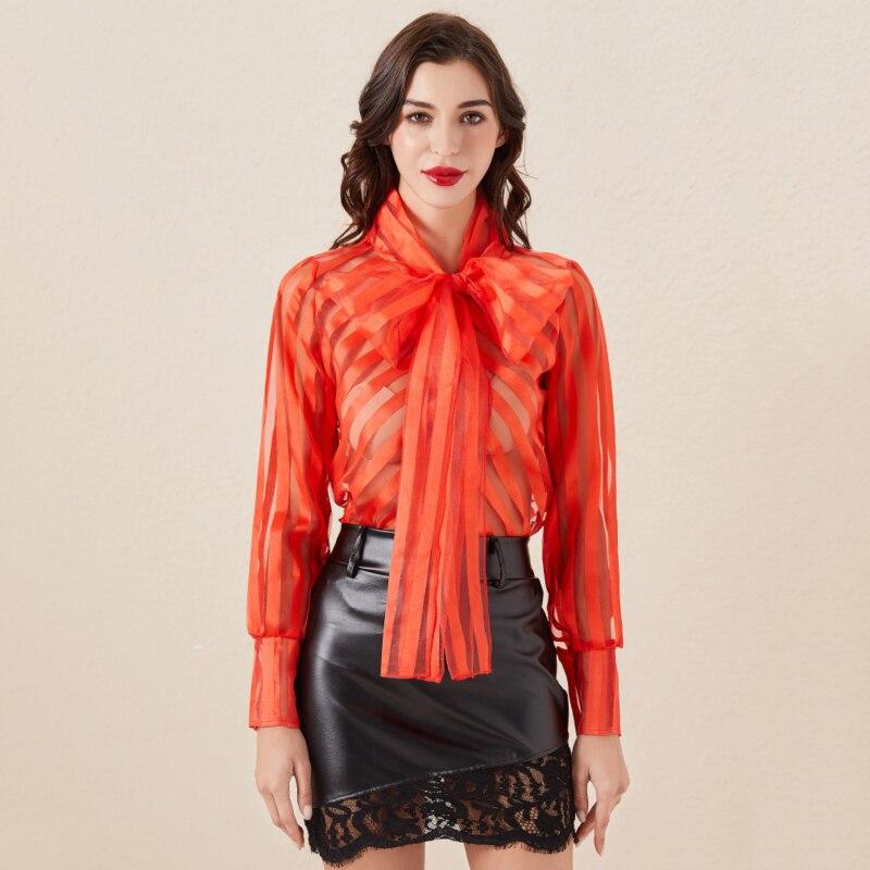 Puff Long Sleeve Striped Sweet Blouses Bow Collar Decor Shirts