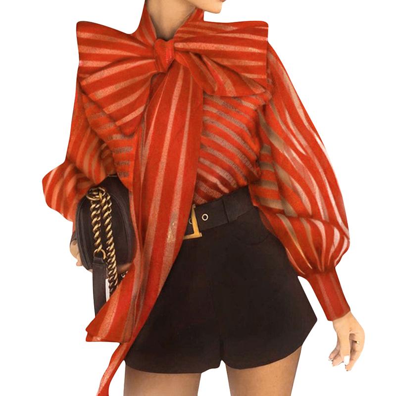Puff Long Sleeve Striped Sweet Blouses Bow Collar Decor Shirts