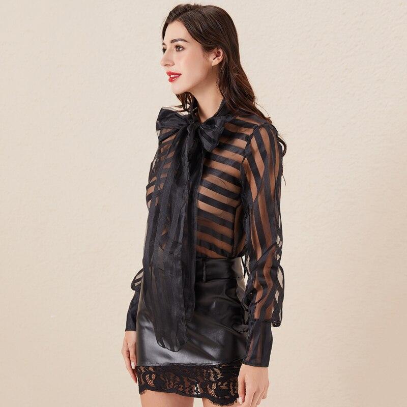 Puff Long Sleeve Striped Sweet Blouses Bow Collar Decor Shirts