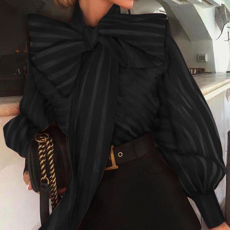 Puff Long Sleeve Striped Sweet Blouses Bow Collar Decor Shirts