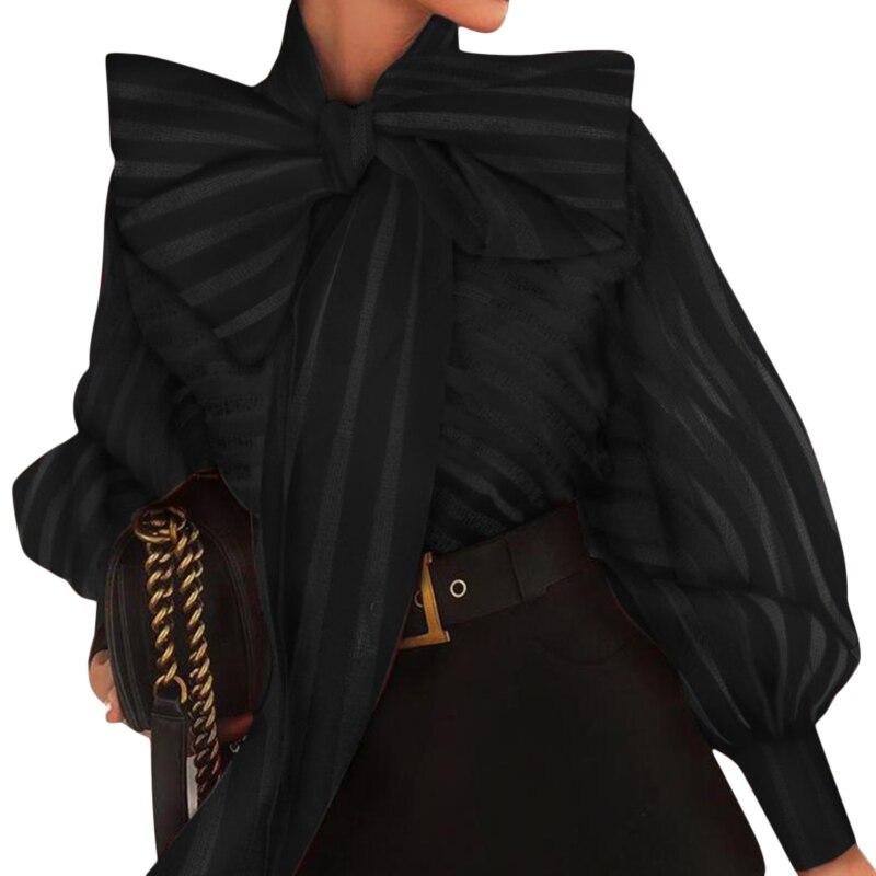 Puff Long Sleeve Striped Sweet Blouses Bow Collar Decor Shirts
