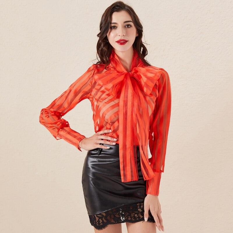 Puff Long Sleeve Striped Sweet Blouses Bow Collar Decor Shirts