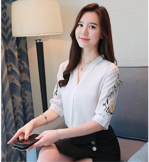 Korean Style Embroidery Chiffon Blouse V-Neck Short Lantern Sleeve