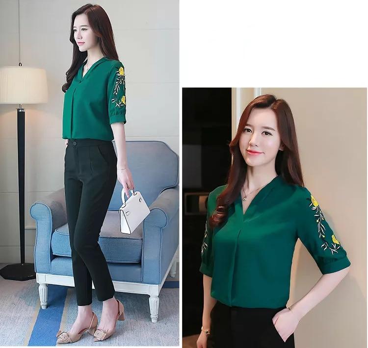 Korean Style Embroidery Chiffon Blouse V-Neck Short Lantern Sleeve