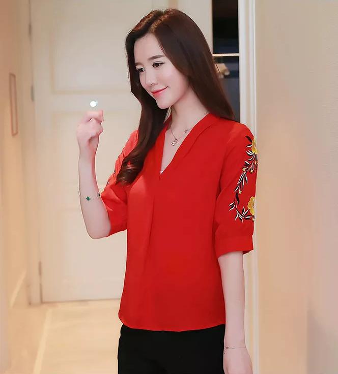 Korean Style Embroidery Chiffon Blouse V-Neck Short Lantern Sleeve