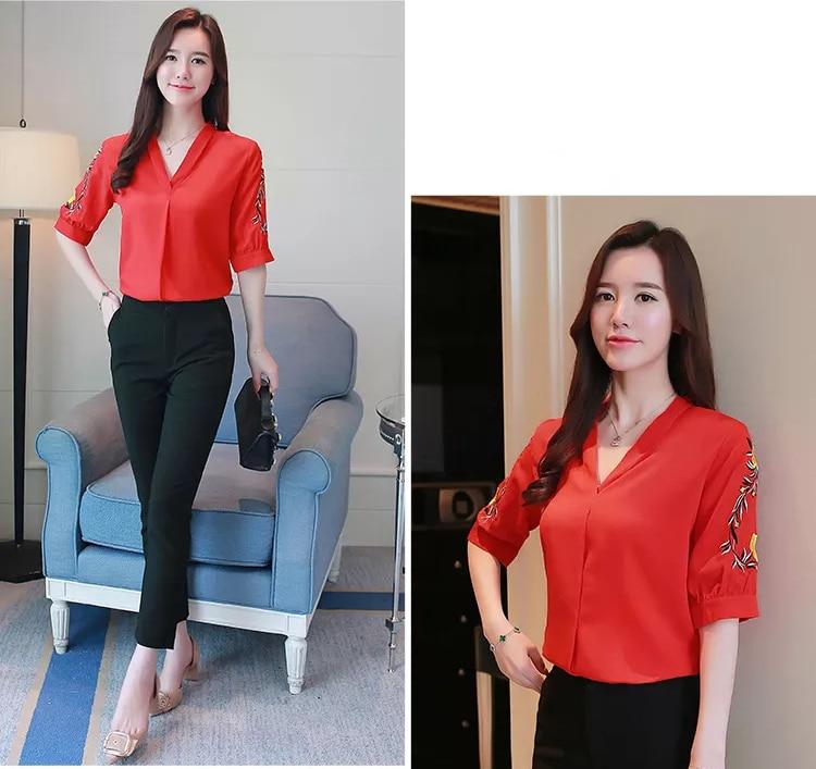Korean Style Embroidery Chiffon Blouse V-Neck Short Lantern Sleeve