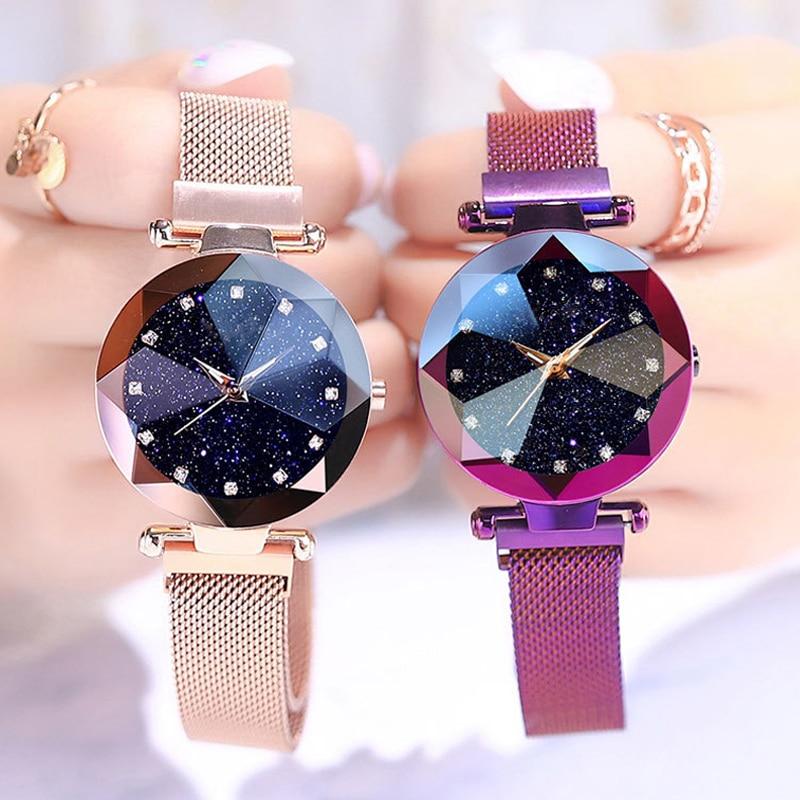 Luxury Starry Sky Stainless Steel Mesh Bracelet Crystal Analog Quartz Wristwatches Ladies Sports