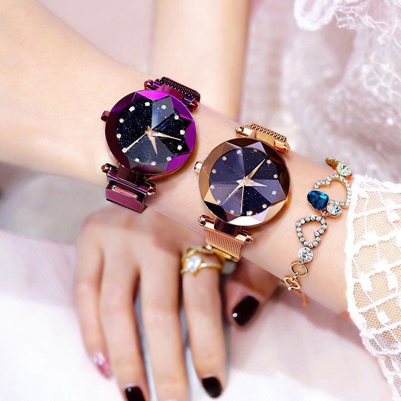 Luxury Starry Sky Stainless Steel Mesh Bracelet Crystal Analog Quartz Wristwatches Ladies Sports