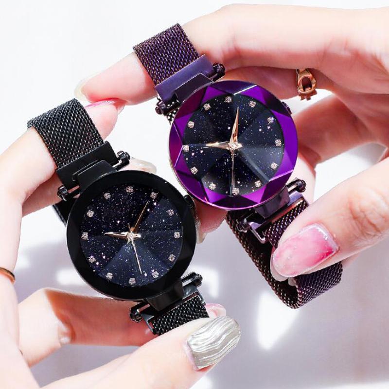 Luxury Starry Sky Stainless Steel Mesh Bracelet Crystal Analog Quartz Wristwatches Ladies Sports