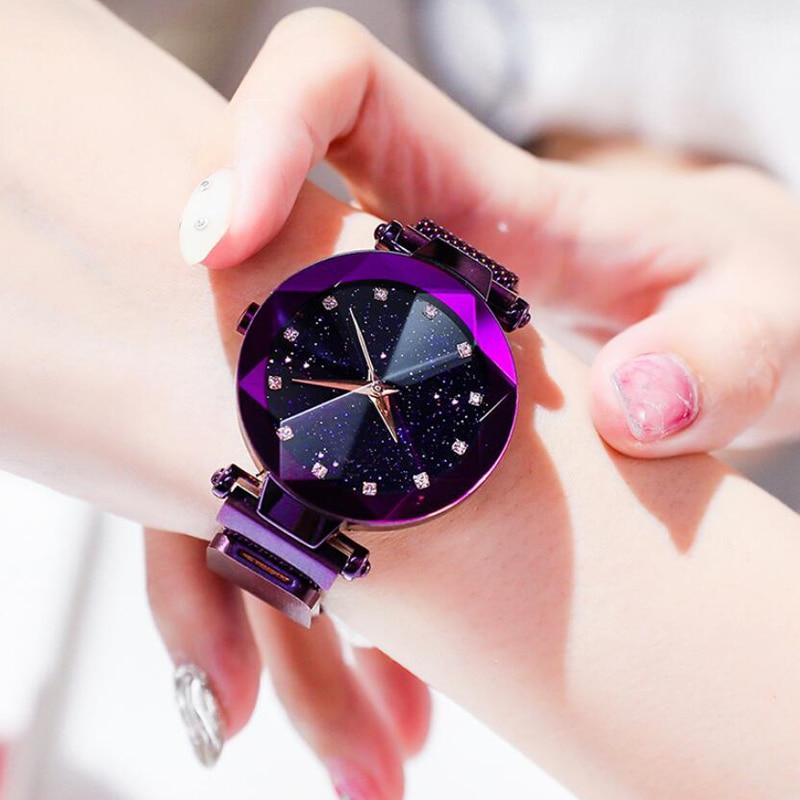 Luxury Starry Sky Stainless Steel Mesh Bracelet Crystal Analog Quartz Wristwatches Ladies Sports