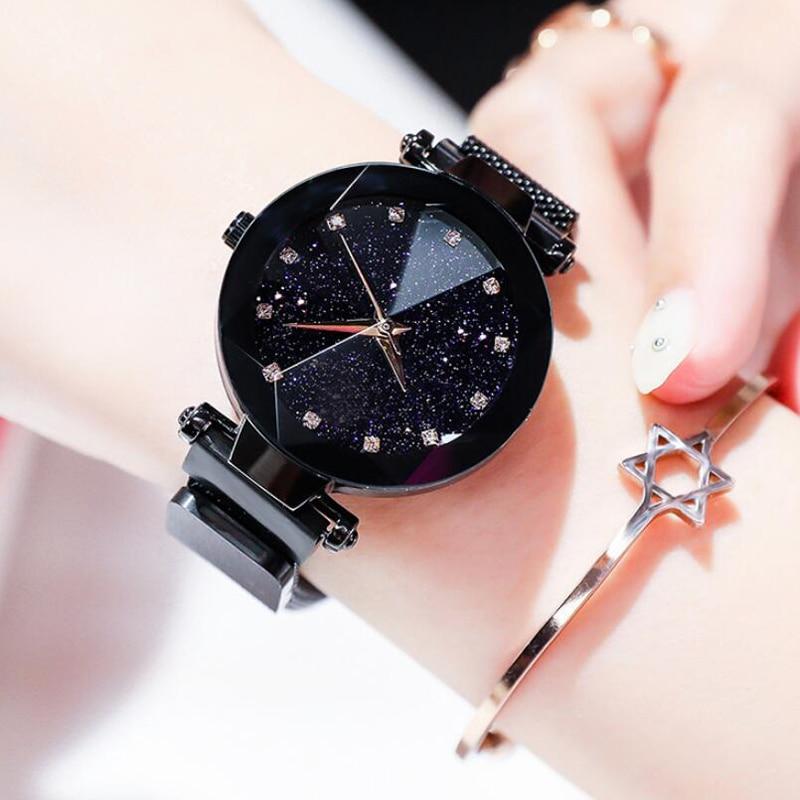 Luxury Starry Sky Stainless Steel Mesh Bracelet Crystal Analog Quartz Wristwatches Ladies Sports