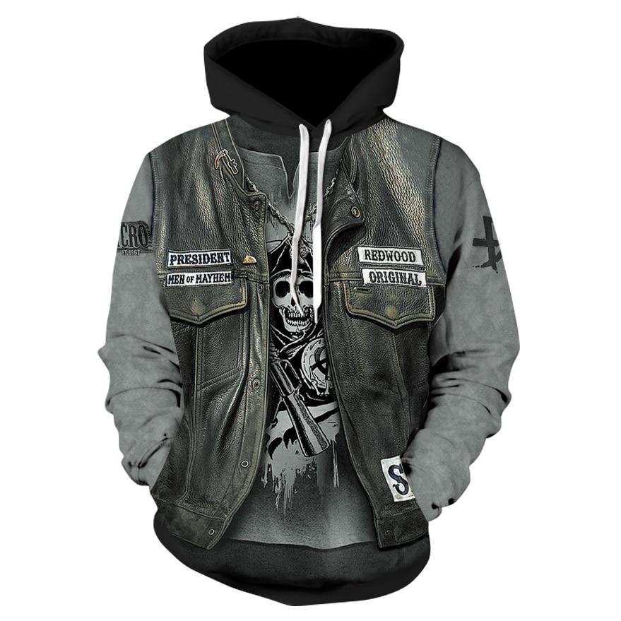 Thin, long-sleeved 3D pullover hoodie for fall  skull fake punk hip-hop rock two-piece heavy metal hoodie for men