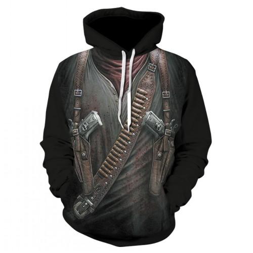 Thin, long-sleeved 3D pullover hoodie for fall  skull fake punk hip-hop rock two-piece heavy metal hoodie for men