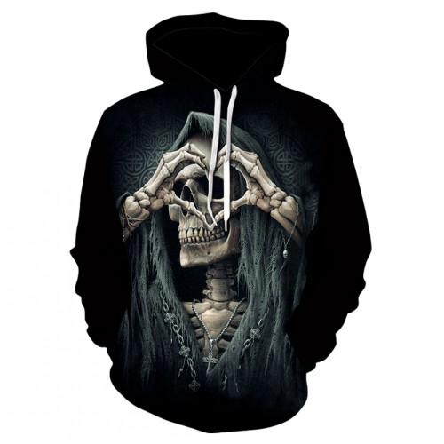 Thin, long-sleeved 3D pullover hoodie for fall  skull fake punk hip-hop rock two-piece heavy metal hoodie for men
