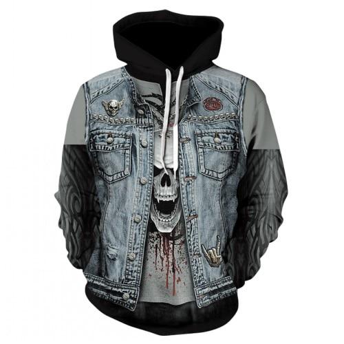 Thin, long-sleeved 3D pullover hoodie for fall  skull fake punk hip-hop rock two-piece heavy metal hoodie for men