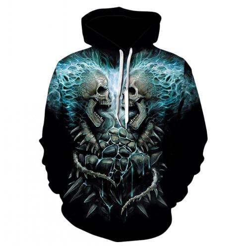 Thin, long-sleeved 3D pullover hoodie for fall  skull fake punk hip-hop rock two-piece heavy metal hoodie for men