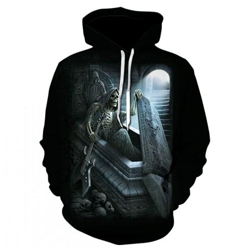 Thin, long-sleeved 3D pullover hoodie for fall  skull fake punk hip-hop rock two-piece heavy metal hoodie for men