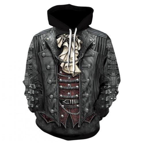 Thin, long-sleeved 3D pullover hoodie for fall  skull fake punk hip-hop rock two-piece heavy metal hoodie for men