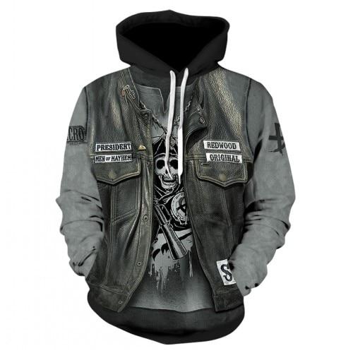 Thin, long-sleeved 3D pullover hoodie for fall  skull fake punk hip-hop rock two-piece heavy metal hoodie for men