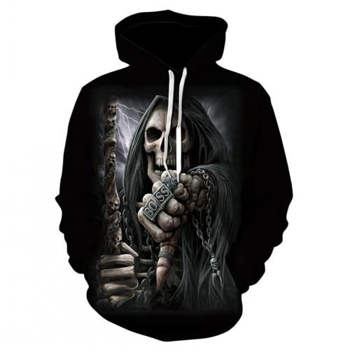 Thin, long-sleeved 3D pullover hoodie for fall  skull fake punk hip-hop rock two-piece heavy metal hoodie for men