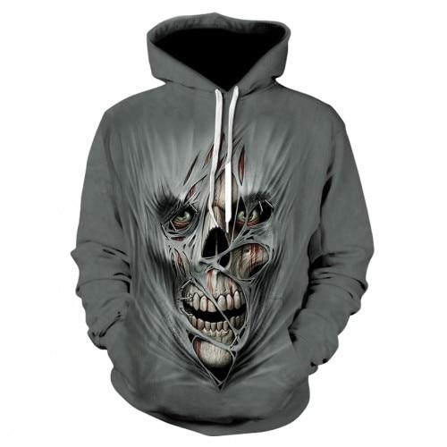 Thin, long-sleeved 3D pullover hoodie for fall  skull fake punk hip-hop rock two-piece heavy metal hoodie for men