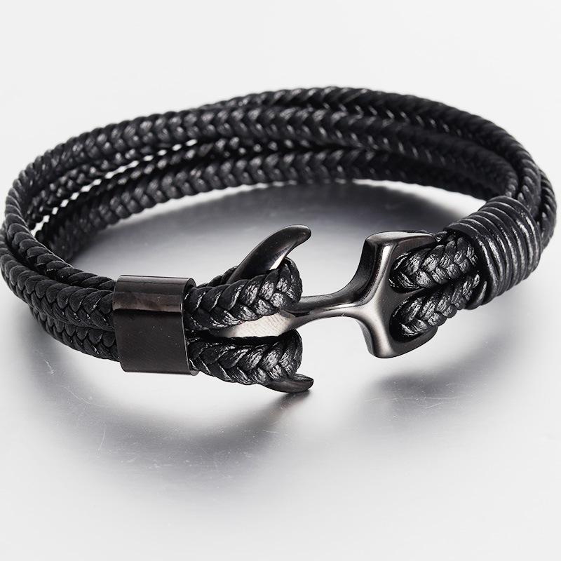 High Quality Men's Titanium Steel Bracelet Black Personality Leather Woven Anchor Leather Bracelet Rope Bracelet