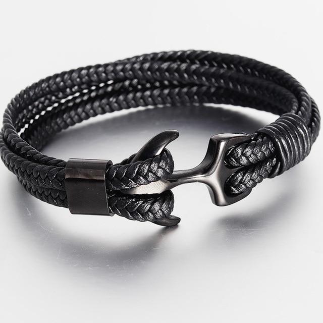 High Quality Men's Titanium Steel Bracelet Black Personality Leather Woven Anchor Leather Bracelet Rope Bracelet
