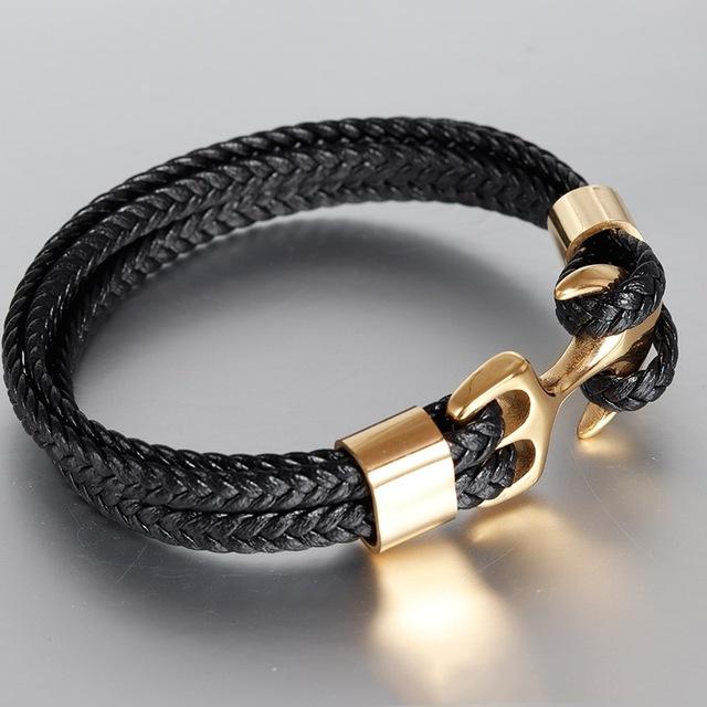 High Quality Men's Titanium Steel Bracelet Black Personality Leather Woven Anchor Leather Bracelet Rope Bracelet