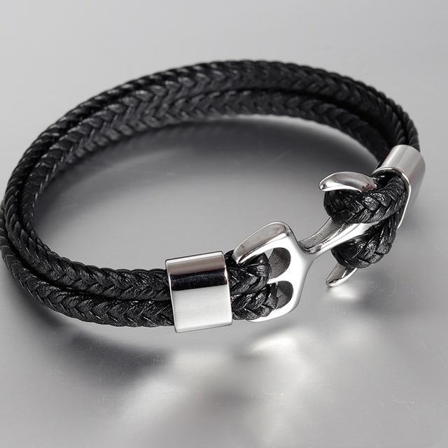 High Quality Men's Titanium Steel Bracelet Black Personality Leather Woven Anchor Leather Bracelet Rope Bracelet