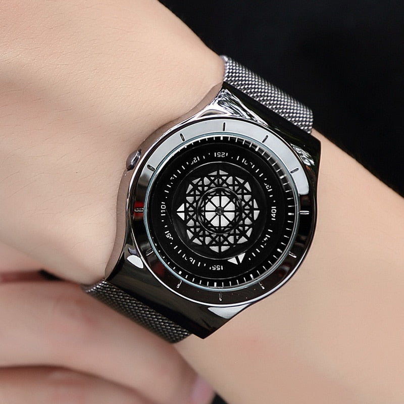 Minimalist Turntable Dial Quartz   Leather Mesh Band Male Wristwatch