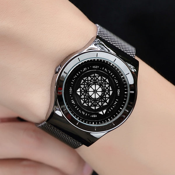 Minimalist Turntable Dial Quartz   Leather Mesh Band Male Wristwatch