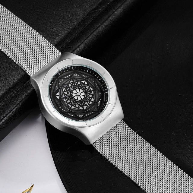 Minimalist Turntable Dial Quartz   Leather Mesh Band Male Wristwatch
